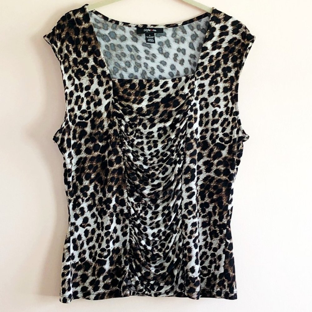 Style & Co L Animal Print Stretch Tank – Square Neck w/ Front Ruching